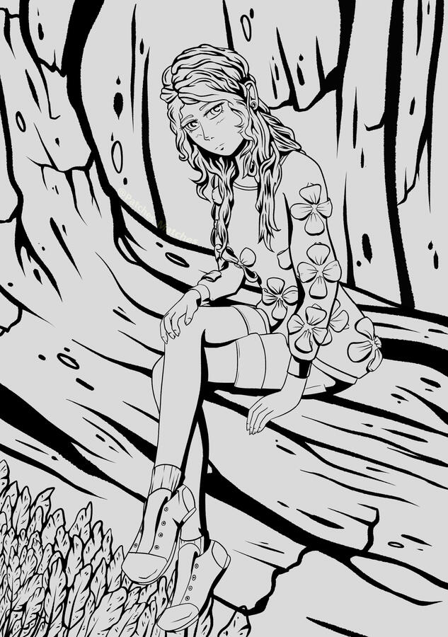 Line art of a woman in a flower sweater sitting on a tree root.