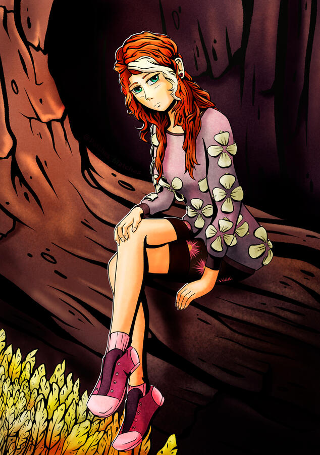 A red head woman in a flower sweater sitting on a tree root